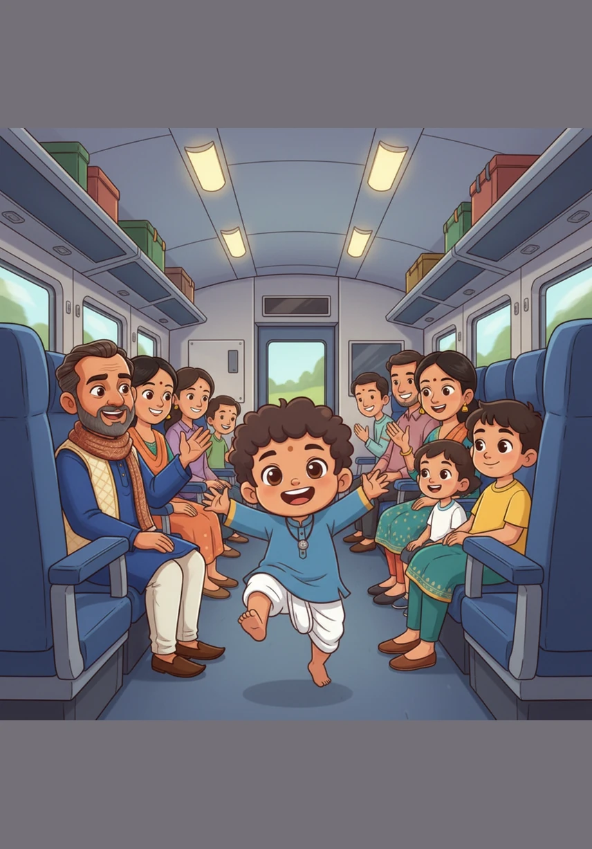 Inside the train, Ashreeth is a bundle of energy, running up and down the aisle of the coach with a giant grin. He stops at every seat to wave a cheerful 'Hi!' to the other passengers, making everyone smile with his naughty and playful spirit.