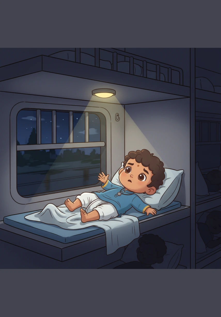 As night falls, the train rocks back and forth on the tracks, but Ashreeth finds it hard to settle in the narrow berth. He misses his comfortable bed at home and tosses and turns, listening to the rhythmic clicking of the wheels while the world outside is dark.