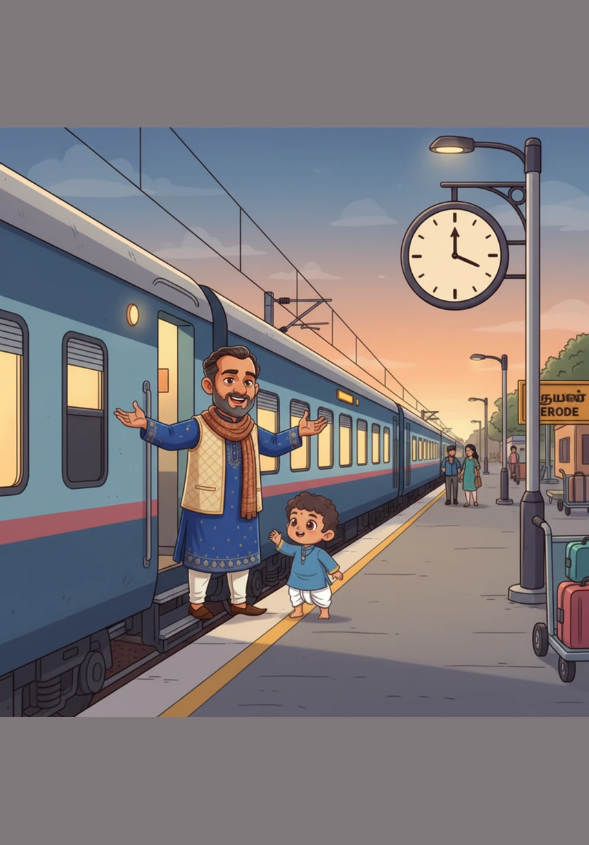 The clock strikes 4:00 AM as the train slows down at the Erode railway station. On the platform, Thatha is already waiting with a warm smile and open arms to welcome Ashreeth, Mom, and Dada to the city.