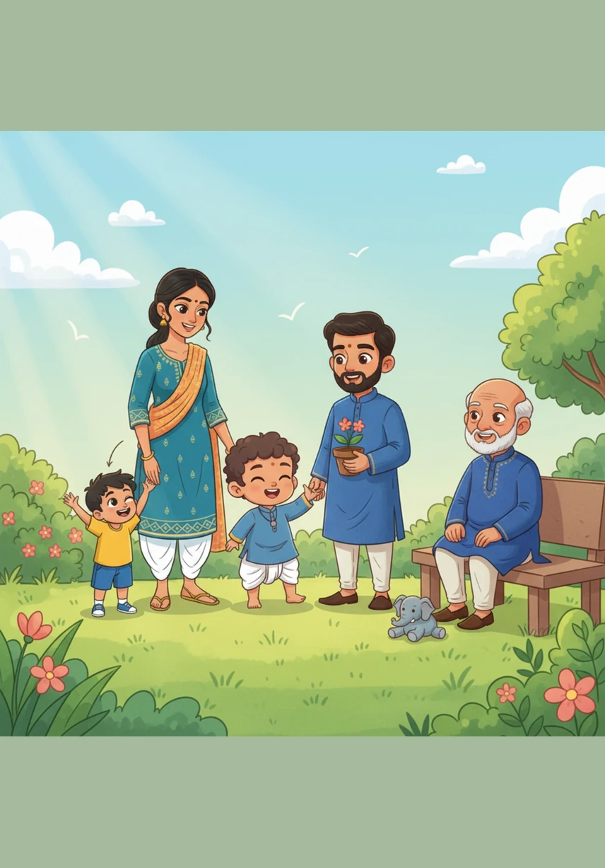 Once he wakes up, Ashreeth rushes outside to the yard to visit his favorite furry friend, the dog he calls 'Bow Bow.' They spend the morning playing together, with Bow Bow wagging his tail happily as Ashreeth giggles and runs circles around him.