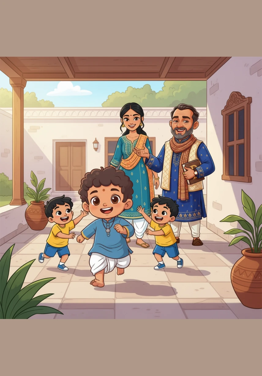 Ashreeth is thrilled to see his cousins, Nakul and Magil, and they immediately start a game of tag in the open courtyard. Even though Nakul is older and Magil is closer to his age, they all laugh and play together like they have never been apart.