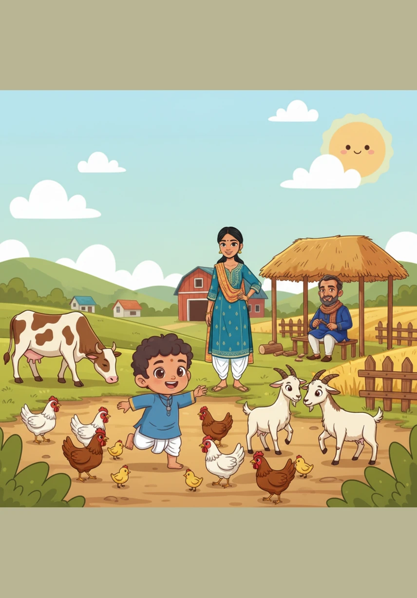 The village is full of amazing sights, and Ashreeth spends his afternoon visiting the farm animals. He watches the gentle cows graze, chases the clucking hens around the yard, and tries to talk to the goats that roam near the fields.