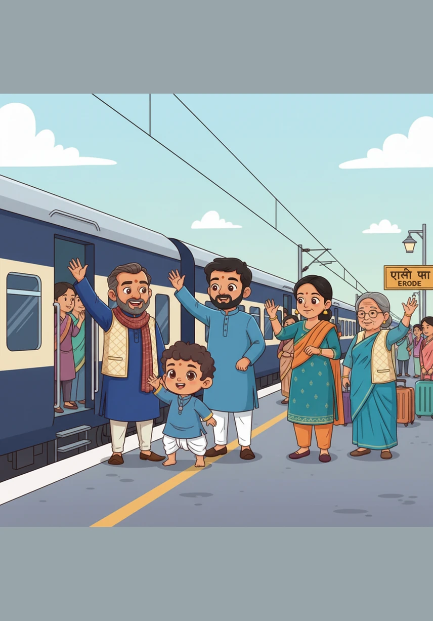 After a few days filled with love and laughter, it is time for Ashreeth to head back to Erode and then home to Thiruvananthapuram. He waves goodbye to all his family, his heart full of happy memories from his grand railway adventure.