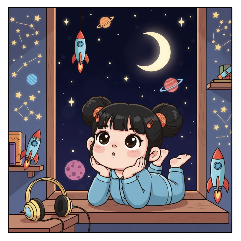 在宁静的夜晚,9岁的曹星儿趴在窗边,仰望着深邃的夜空。她的房间里贴满了闪亮的星图和可爱的火箭模型,小小的脸上写满了对宇宙的无限向往。她幻想自己能像鸟儿一样自由飞翔,只是目的地是遥远的星辰。