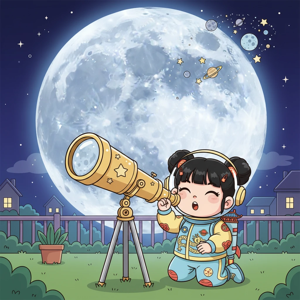 迫不及待的星儿在院子里架起了望远镜,第一次清晰地看到了月亮上的环形山。月球表面凹凸不平的景象让她惊叹不已,她的想象力也随之插上了翅膀,飞向更远的地方。