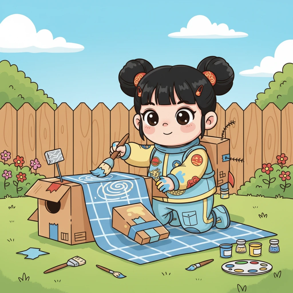 受到启发,星儿开始用家里的旧纸箱、毯子和彩色颜料,在后院搭建了一艘属于自己的“宇宙飞船”。这艘飞船虽然简陋,却承载着她所有的太空梦想,充满了童趣和创意。