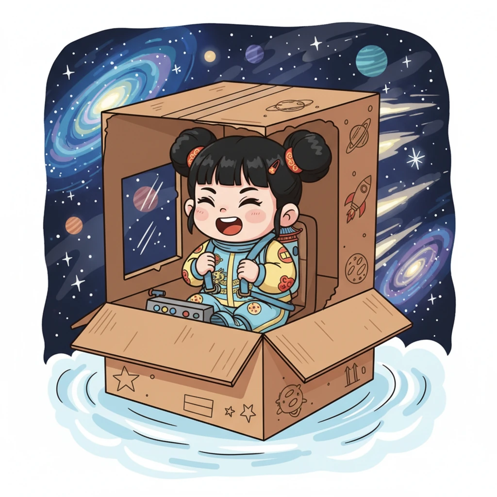 她爬进纸箱飞船,系好“安全带”,闭上眼睛,开始大声倒数:“五、四、三、二、一,发射!”在她的想象中,飞船轰鸣着冲向云霄,窗外是闪烁的星辰大海。