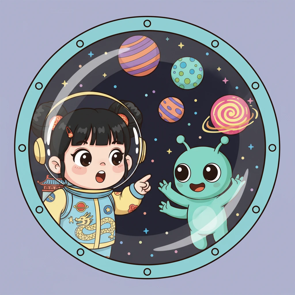 飞船在太空中遨游,星儿透过“舷窗”看到了五颜六色的星球。突然,一个长着大眼睛、笑容友善的小外星人出现在她面前,它挥舞着三只小手,热情地向星儿打招呼。