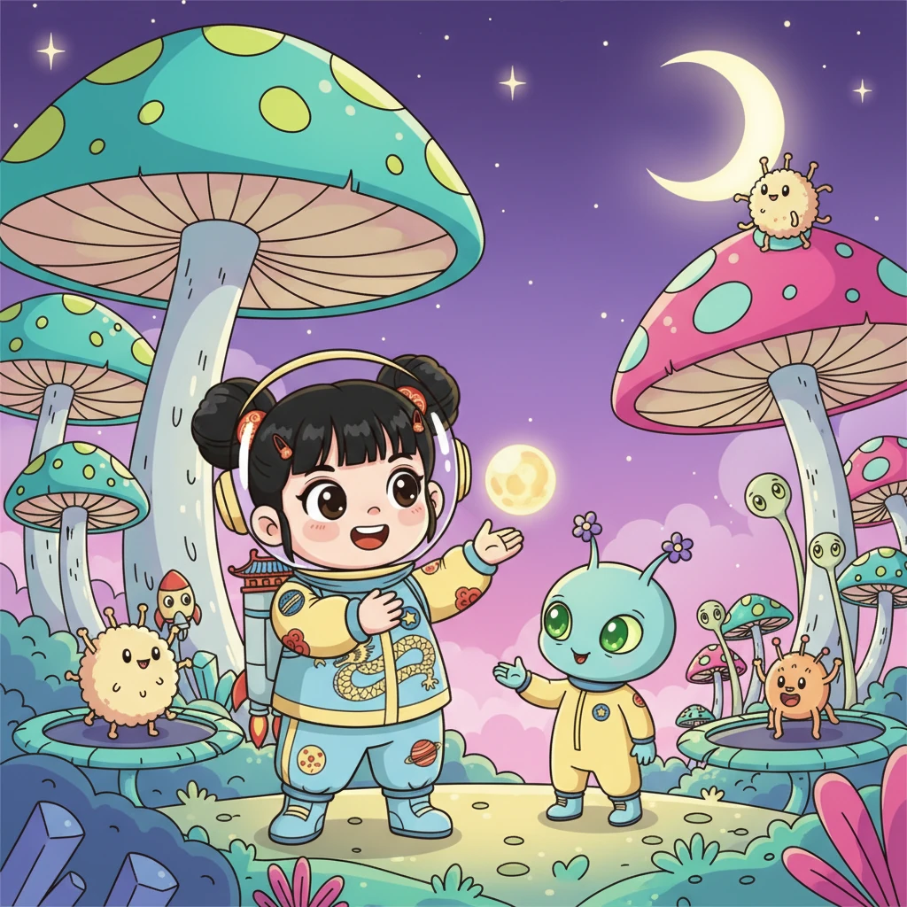 小外星人邀请星儿去它的星球做客。这是一个充满奇幻色彩的星球,长满了巨大的蘑菇状植物,还有许多形态各异、友善可爱的外星生物在玩耍。星儿和小外星人一起开心地探索着。