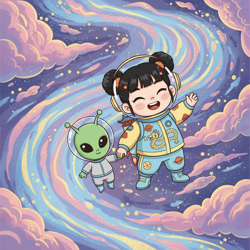 星儿和小外星人手牵手,在浩瀚的星河中轻轻飘浮。他们穿梭于璀璨的星云和闪耀的星尘之间,感受着宇宙的壮丽与神秘。这一刻,她觉得自己就是最幸福的宇航员。
