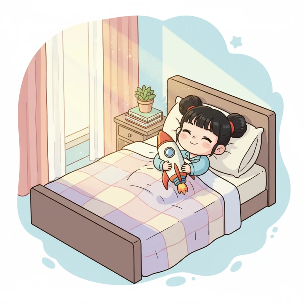 清晨的阳光透过窗帘洒进房间,星儿在床上醒来,脸上还带着甜美的笑容。她紧紧抱着身边的玩具火箭,回味着昨晚那场奇妙的太空之旅,仿佛一切都真实发生过。