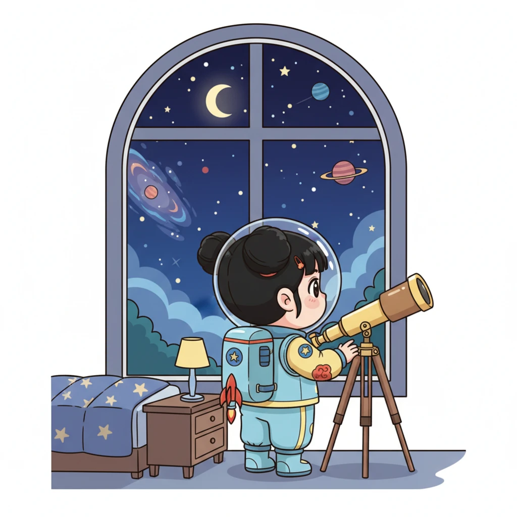 她下床走到窗边,再次望向夜空,又看了看爷爷送的望远镜。星儿知道,这只是她太空梦想的开始。她坚信,总有一天,她会真正飞向太空,去探索那些未知的奥秘。