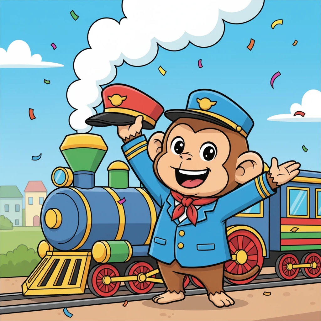 Maquinista Chispas, un mono muy alegre, se para orgulloso junto a su colorido tren, anunciando su gran aventura para recoger amigos de todo el mundo. Agita su gorra de maquinista con una gran sonrisa, listo para partir.