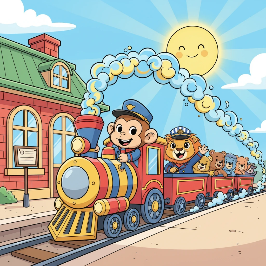 Con un fuerte “¡Chucu-chú!”, Chispas tira de la palanca y el vibrante tren de animales sale de la estación principal, dejando una estela de humo alegre. El sol brilla intensamente mientras el Maquinista Chispas comienza su emocionante viaje.