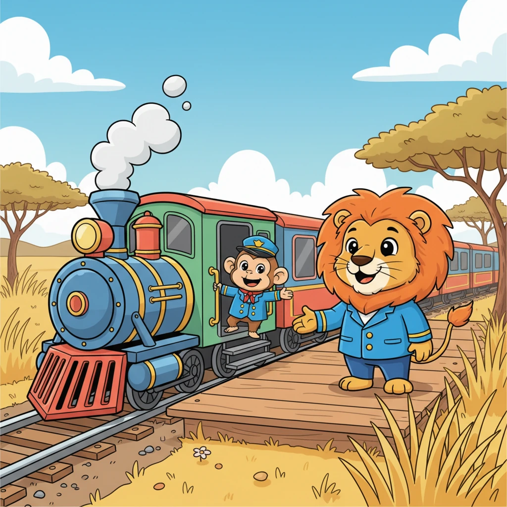 El tren llega a la soleada Estación de la Sabana, rodeada de hierba alta y árboles de acacia. El Rey León, un majestuoso león con una melena amigable, espera pacientemente. Chispas abre la puerta del tren con un floreo, invitando a Leo a subir.