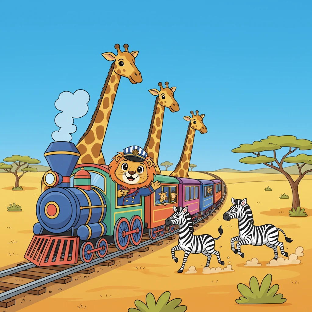 El tren continúa su alegre recorrido a través de la vasta y dorada sabana, con el Rey León saludando felizmente desde una ventana. El paisaje está lleno de jirafas curiosas y cebras juguetonas que observan el paso del tren.