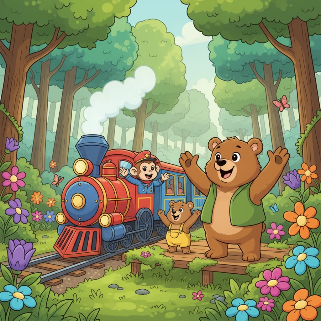 Luego, el tren se detiene en la exuberante Estación del Bosque, rodeada de árboles altos y flores de mil colores. Dos osos tiernos, Papá Oso y Bebé Oso, están listos para unirse a la aventura, agitando sus patas con entusiasmo.