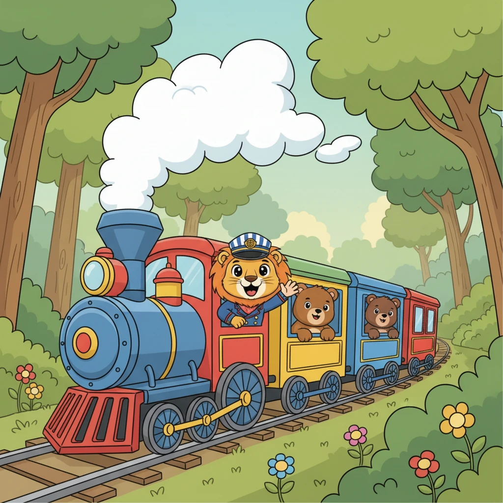 A través del denso y verde bosque, el tren avanza, llevando a su creciente grupo de amigos animales. El Rey León y los osos se asoman por las ventanas, disfrutando del hermoso paisaje que pasa a toda velocidad.