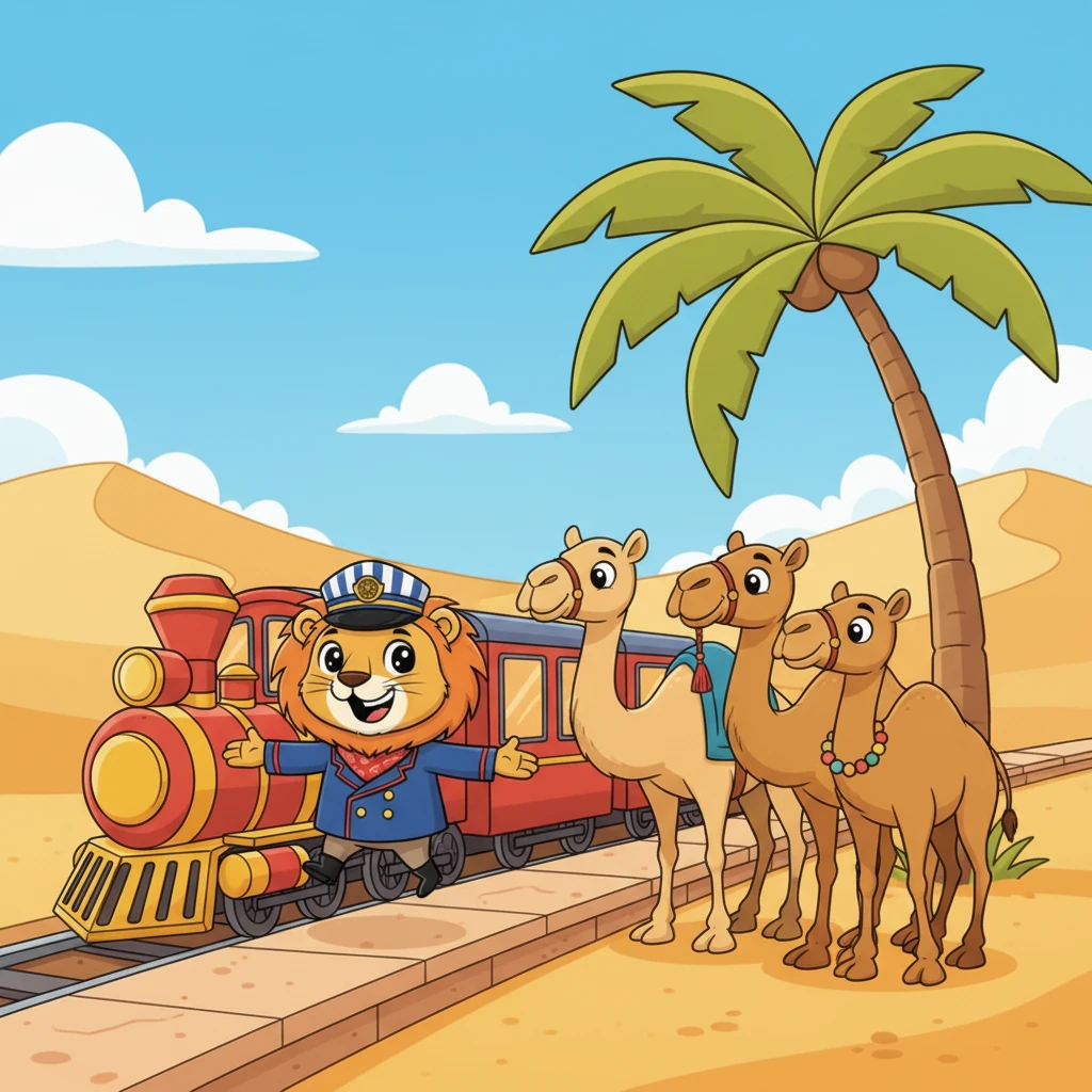 El tren llega a la cálida Estación del Desierto, donde tres camellos jorobados, Camello Cami, Camello Coco y Camello Cali, esperan pacientemente bajo una palmera. Chispas los saluda con una gran sonrisa y los invita a subir.