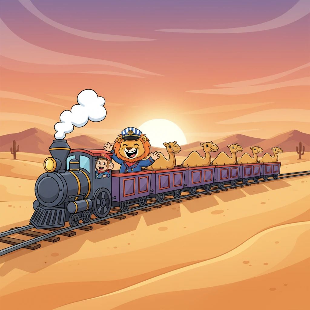El tren de animales se desliza suavemente por el desierto arenoso, sus vagones ahora llenos de risas alegres. Los camellos disfrutan de la brisa mientras el sol se pone en una hermosa explosión de colores anaranjados y rosados.