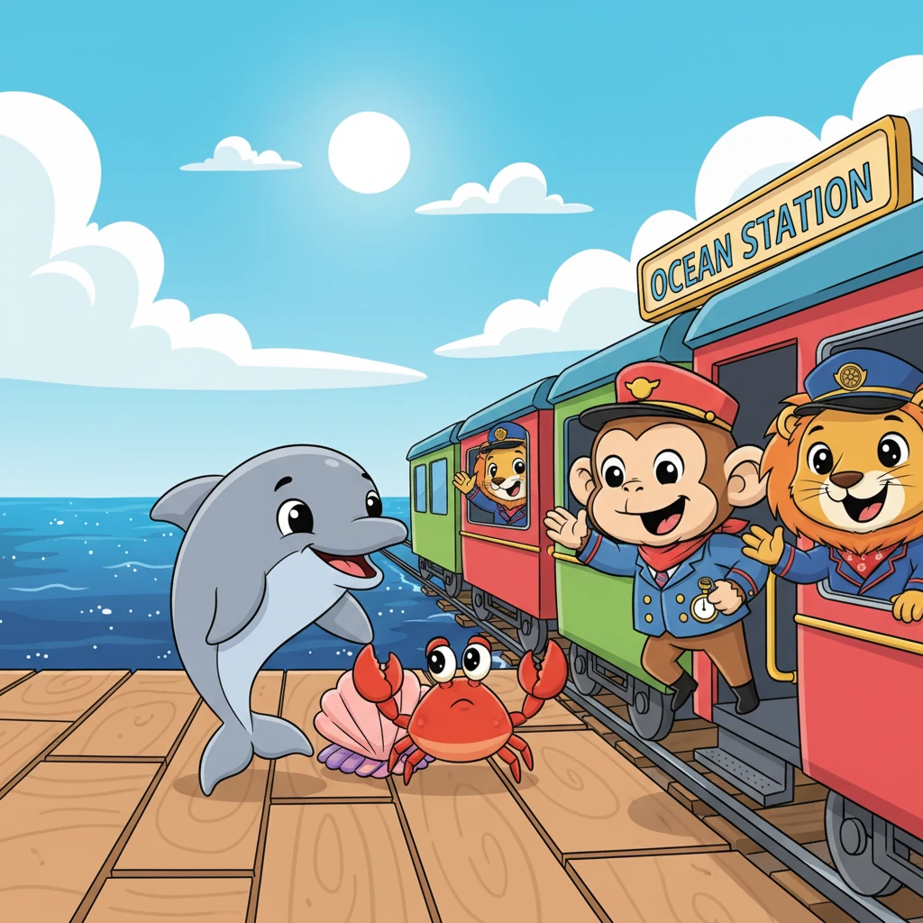 Finalmente, el tren llega a la brillante Estación del Océano, justo al lado del mar azul profundo. Un delfín juguetón, Delfín Didi, y un cangrejo tímido, Cangrejo Carlitos, están ansiosos por subir a bordo para el último tramo del viaje.