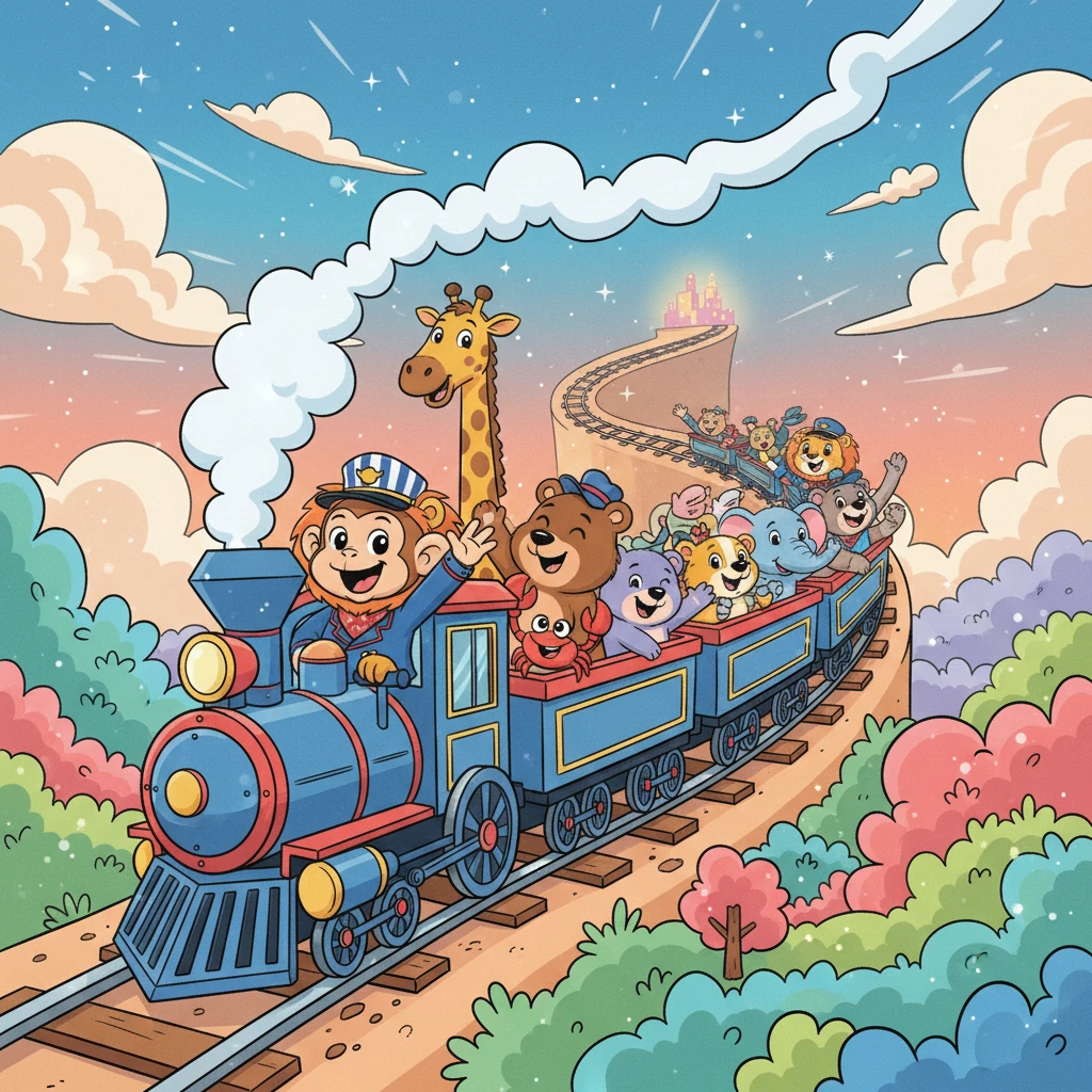 Todos los amigos animales, desde el majestuoso león hasta el pequeño cangrejo, están ahora juntos en el tren, vitoreando y saludando mientras acelera hacia un destino mágico y desconocido. Maquinista Chispas sonríe, sabiendo que ha traído mucha alegría.