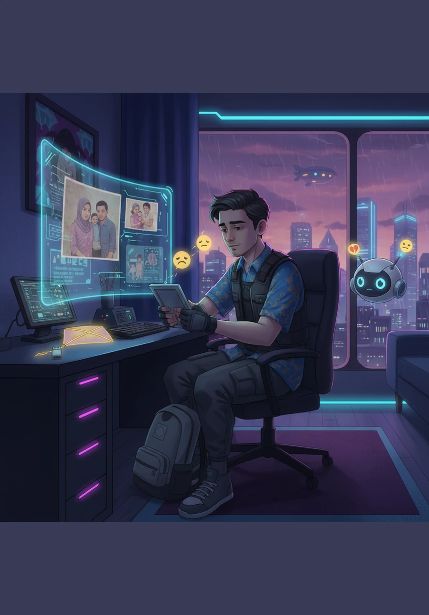 Amir duduk bersandar di sofa, matanya terpaku pada skrin tablet yang bercahaya terang. Di sudut bilik, Nenek sedang tekun menganyam tikar mengkuang, namun kehadirannya langsung tidak dipedulikan oleh Amir yang asyik dengan peranti itu.