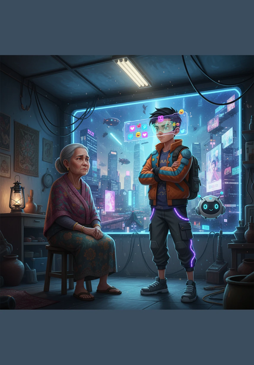 Nenek bercerita tentang keindahan warisan nenek moyang, tetapi Amir mengeluh bosan dan kembali memandang skrinnya. Konflik antara nilai tradisional dan gaya hidup moden mewujudkan jurang generasi yang semakin lebar antara mereka berdua.