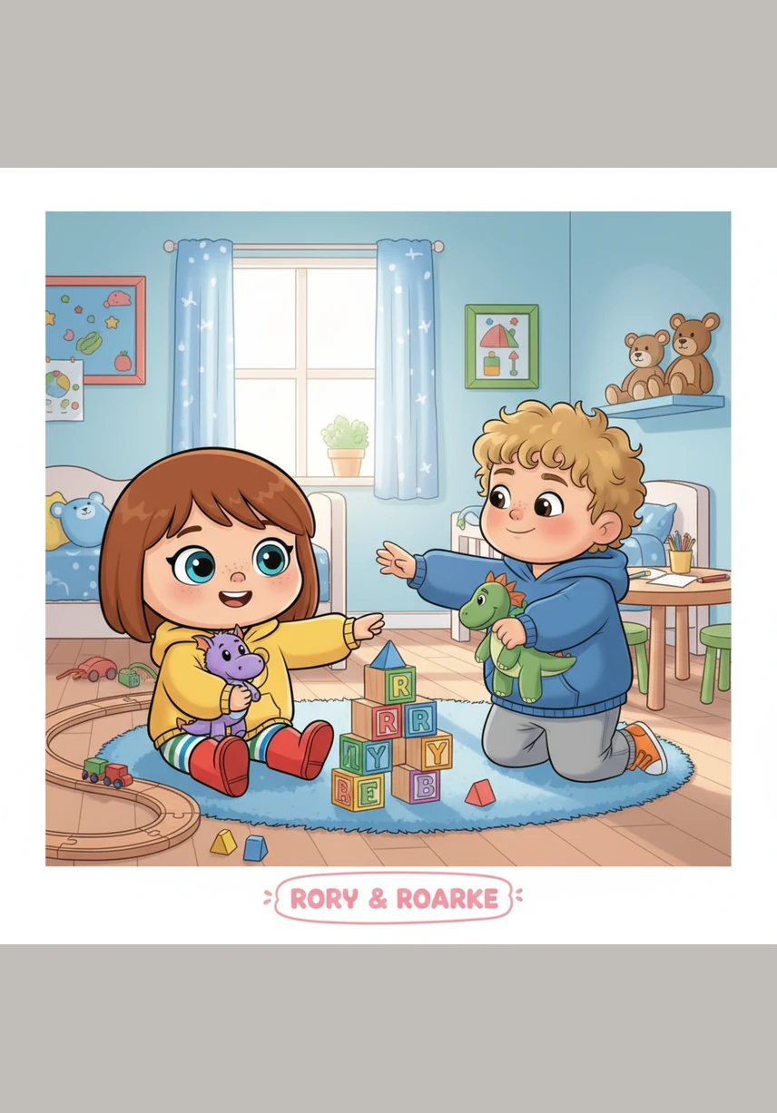 Rory and Roarke are playing in their sunny bedroom filled with soft toys. Rory has straight brown hair and bright green eyes, and she is singing a happy song while building a tall tower. Her twin brother Roarke has short curly blond hair and blue eyes, and he is carefully lining up his colorful toy cars in a perfect row.