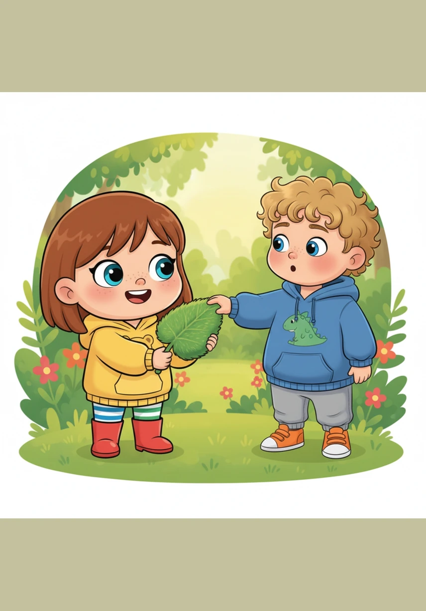 In the garden, Rory finds a big, fuzzy green leaf and shows it to Roarke. "Look, Roarke, it's soft like a kitten!" she says with a big smile. Roarke reaches out to feel the leaf with his fingertips, his blue eyes wide with wonder as he enjoys the texture.