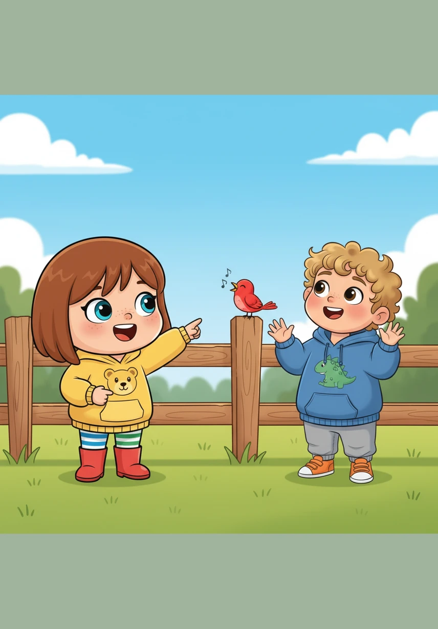 At the park, Rory points to a bright red bird sitting on a wooden fence. "The bird is saying hello!" she chirps loudly. Roarke hears the bird's song and flaps his hands quickly in excitement, showing how happy he is to see the bird too.