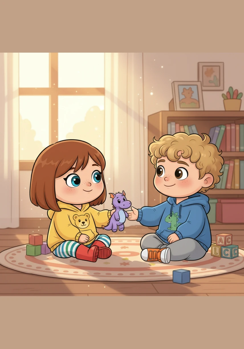 Roarke finds a smooth, shiny blue pebble hidden in the sandbox. He walks over to Rory and gently places the stone in her hand. Rory beams at him and says, "Thank you, Roarke, this is the prettiest treasure ever!"