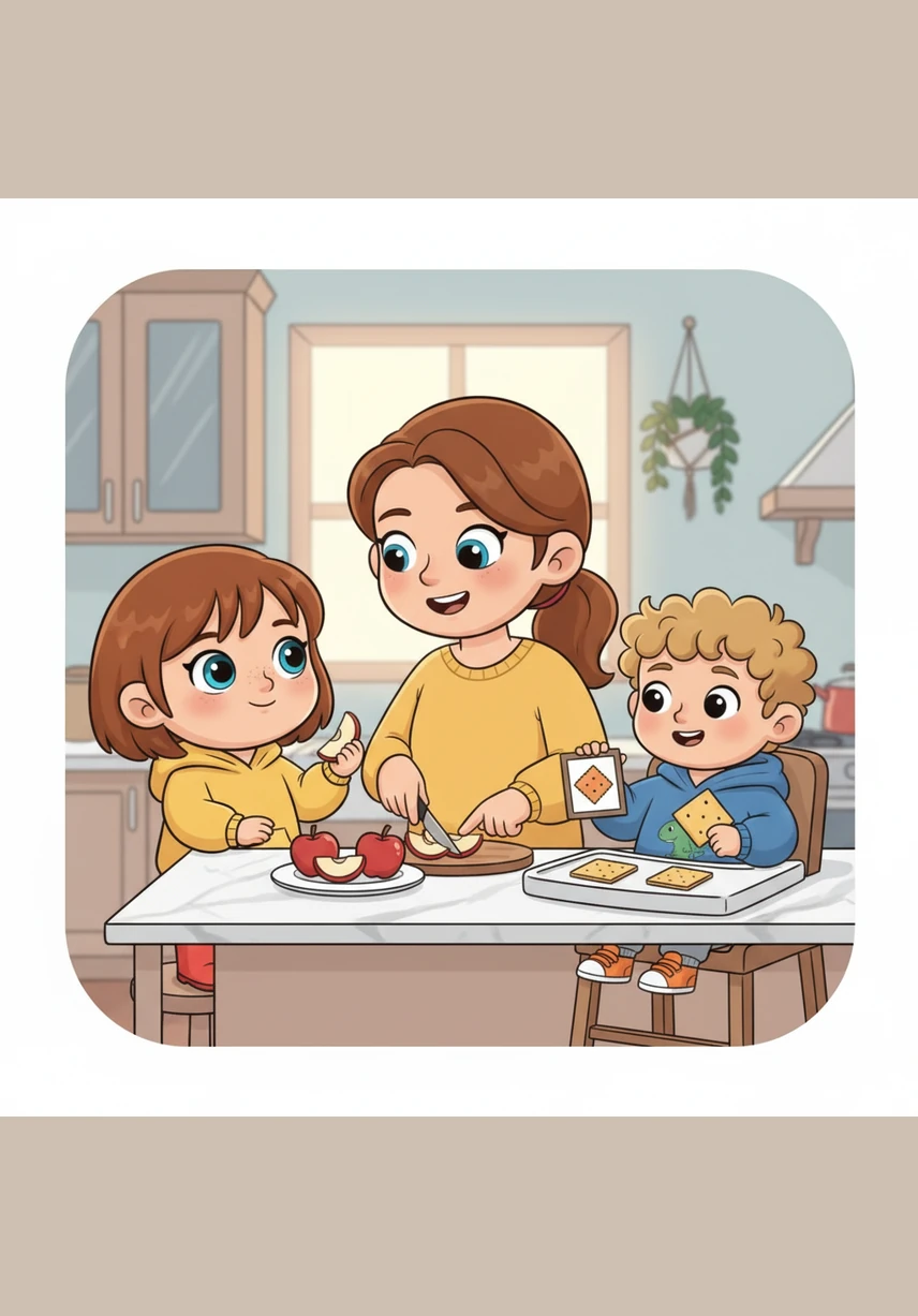 It is time for a snack in the kitchen. Rory tells her mommy, "I would like some crunchy red apples, please." Roarke taps a picture of a cracker on his communication board, and they both sit together to enjoy their favorite treats.