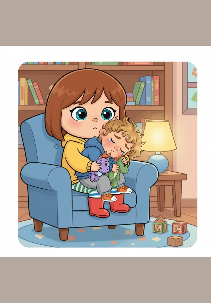 When the vacuum cleaner makes a loud noise, Roarke covers his ears and looks worried. Rory notices right away and brings him his favorite soft, weighted blanket. She sits beside him and says, "It's okay, Roarke, I'm right here."