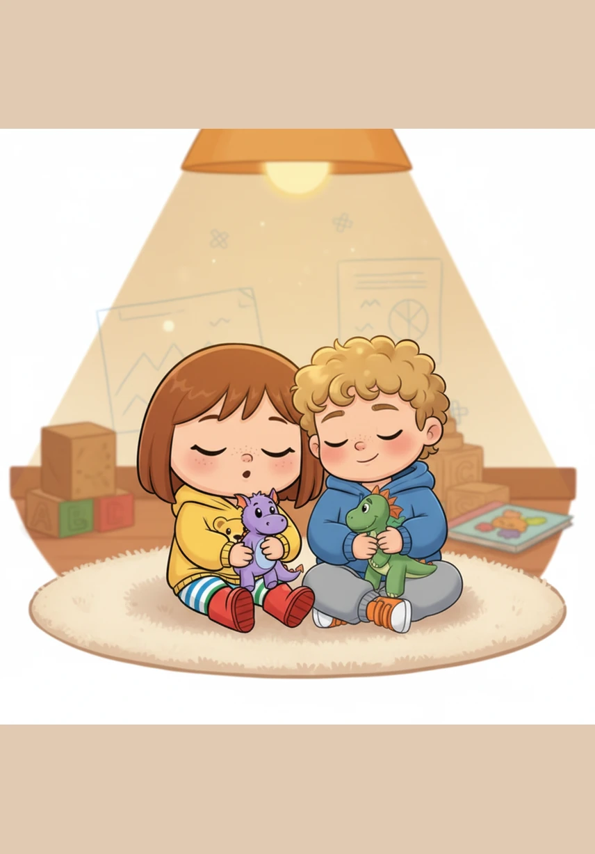 The twins sit together on a big, fluffy rug under a warm lamp. Rory hums a low, gentle tune that she knows Roarke likes. Roarke feels calm and safe, leaning his head gently on his sister's shoulder while they rest.
