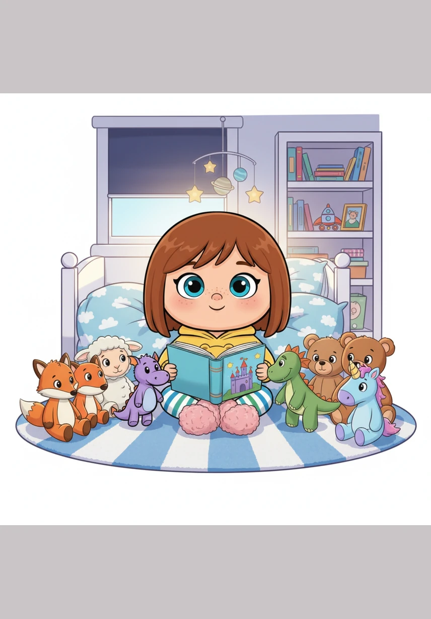 It is almost bedtime, and Rory gathers their stuffed animals for a story. She reads the pictures out loud, telling a tale of brave bears and friendly stars. Roarke listens intently, rocking back and forth slowly as he enjoys the rhythm of her voice.
