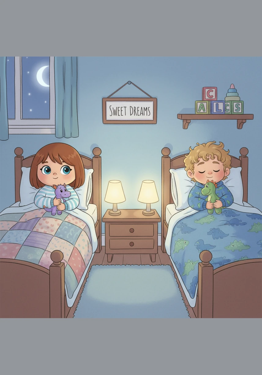 Tucked into their cozy beds, Rory whispers, "Goodnight, Roarke, I love you." Roarke reaches out from his covers and gives Rory a gentle high-five. They both close their eyes, dreaming of all the wonderful things they will do together tomorrow.