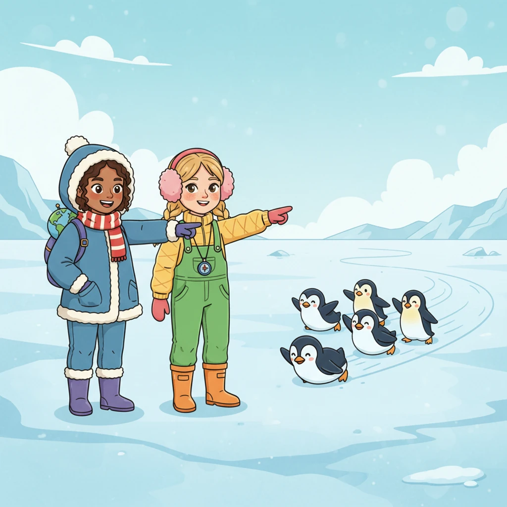 Miss Lily, with her wavy brown hair and spectacles, and Miss Daisy, with her bouncy curly dark hair, stood wrapped in warm coats, looking out at a vast, white, icy land. They had just arrived at the South Pole, ready for an amazing adventure!