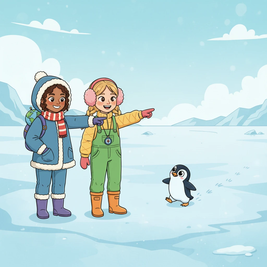Suddenly, a small, sleek penguin waddled past them. Miss Lily pointed and giggled, "Look, Miss Daisy, it's an Adélie penguin! They're quite small and very speedy on land!" The penguin looked up at them with curious eyes.