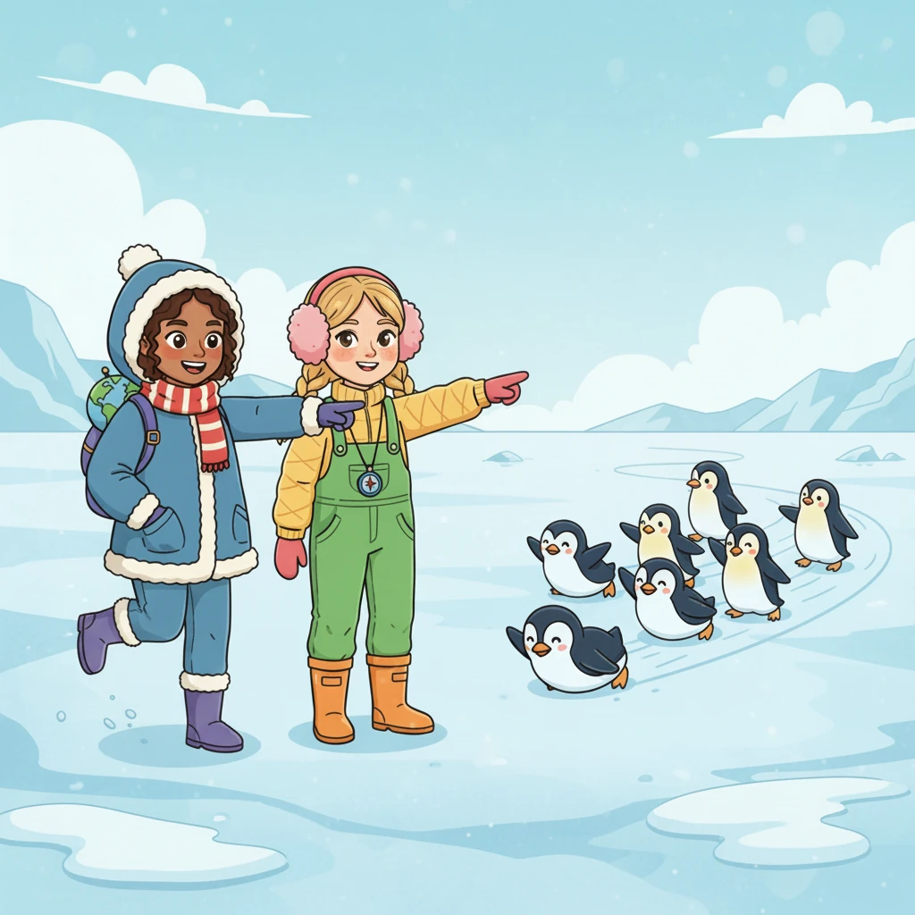 Next, they spotted a group of tall, elegant penguins with bright orange patches near their ears. "Oh, these must be the Chinstrap penguins!" exclaimed Miss Daisy, noticing the thin black line under their chins. They moved by hopping gracefully over the ice.