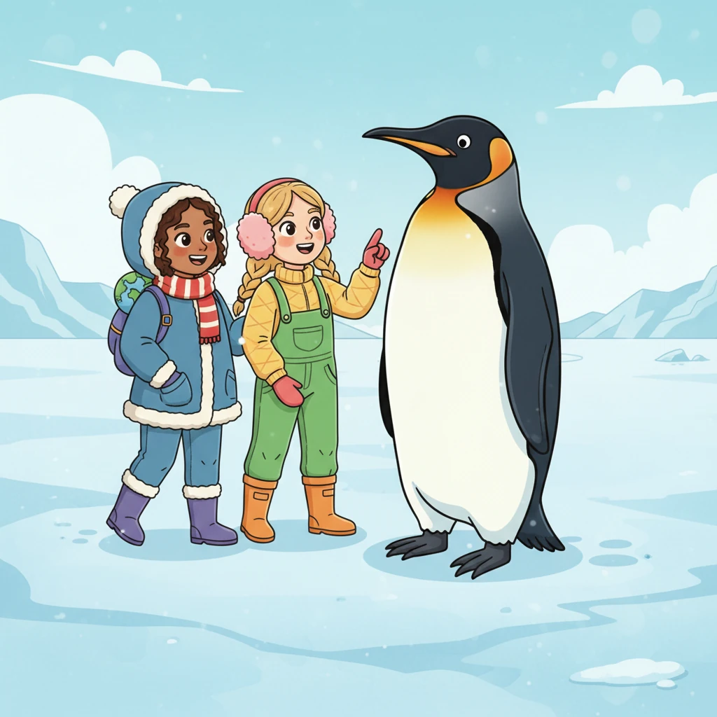 As they walked further, a magnificent, very tall penguin with vibrant orange and yellow feathers on its neck came into view. "That's a King penguin!" whispered Miss Lily. "They're the second-largest, and they look so regal when they walk proudly!"