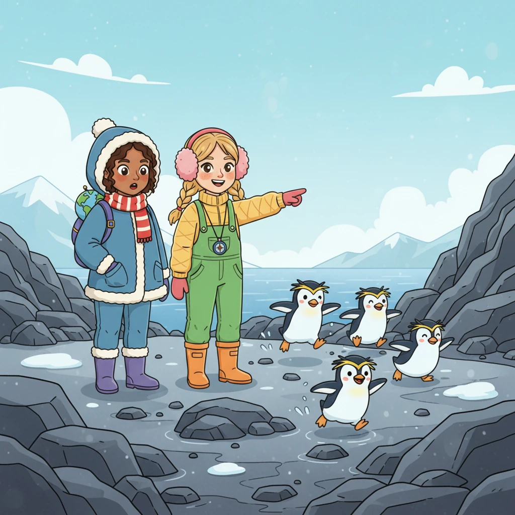 They watched as a group of smaller penguins with yellow-orange beaks and a distinctive yellow crest on their heads came closer. "Those are Macaroni penguins!" said Miss Daisy. "They like to hop and jump a lot, especially on rocky shores!"