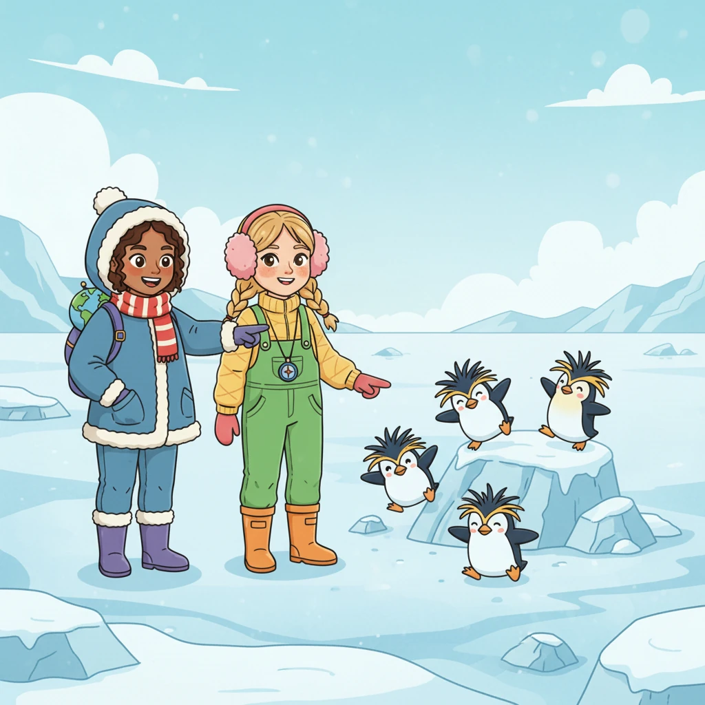 The teachers saw a funny sight: a group of penguins with a little tuft of feathers on their heads, looking like they'd just woken up! "Those are Rockhopper penguins!" Miss Lily declared. "They love to bounce and hop from rock to rock!"