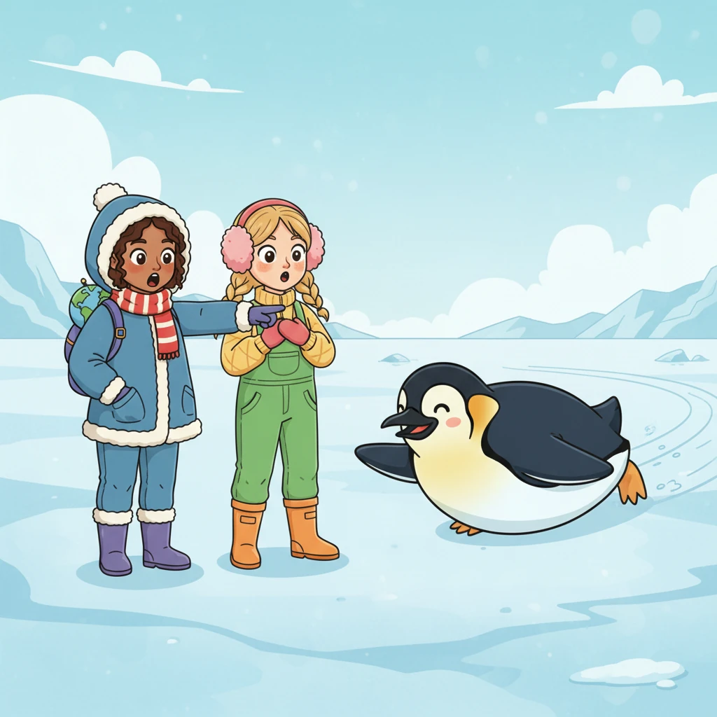 Sitting on a large ice floe, a huge penguin with a dark head and a white belly caught their eye. "Wow, that's an Emperor penguin!" gasped Miss Daisy. "They're the biggest of all, and they slide on their tummies across the ice!"