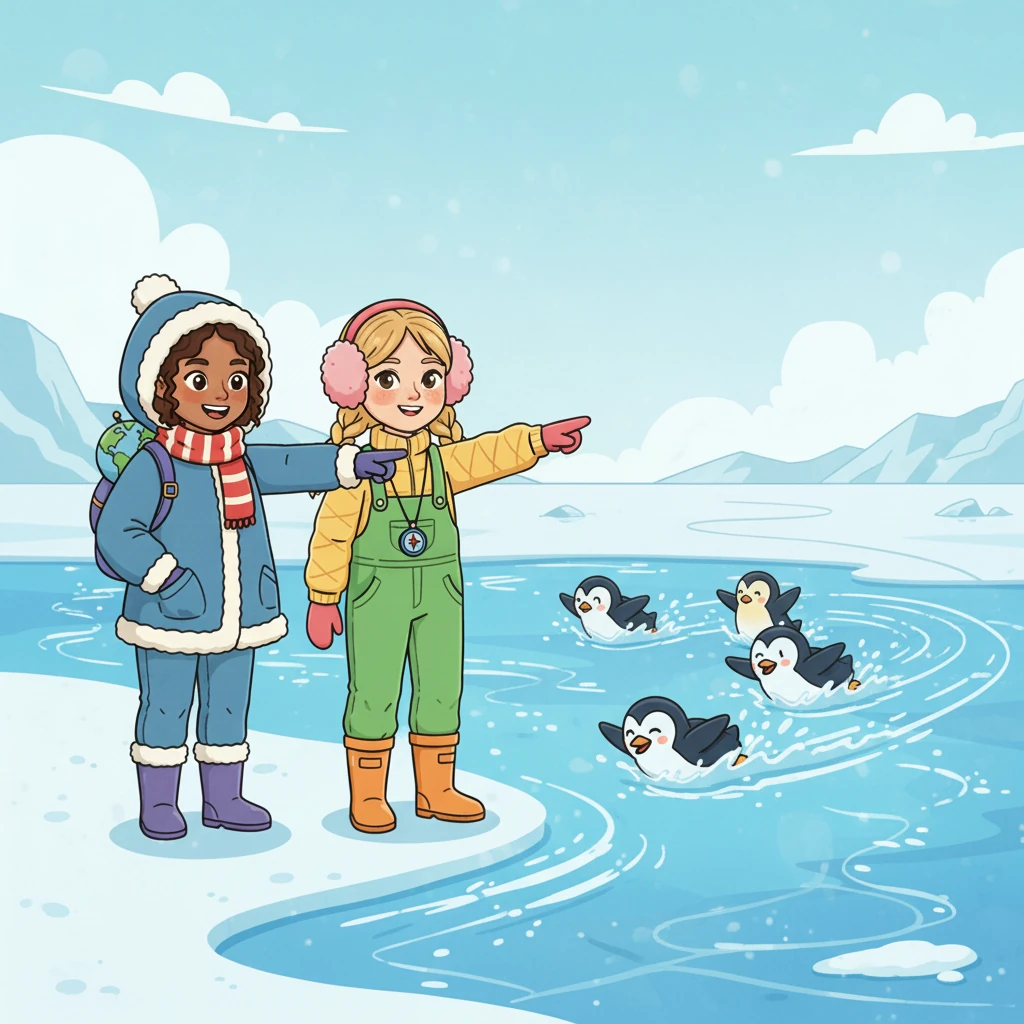 Miss Lily and Miss Daisy watched a group of penguins swimming incredibly fast through the icy water. "Look how fast they go!" cheered Miss Lily. "Penguins are amazing swimmers, using their flippers like wings!"