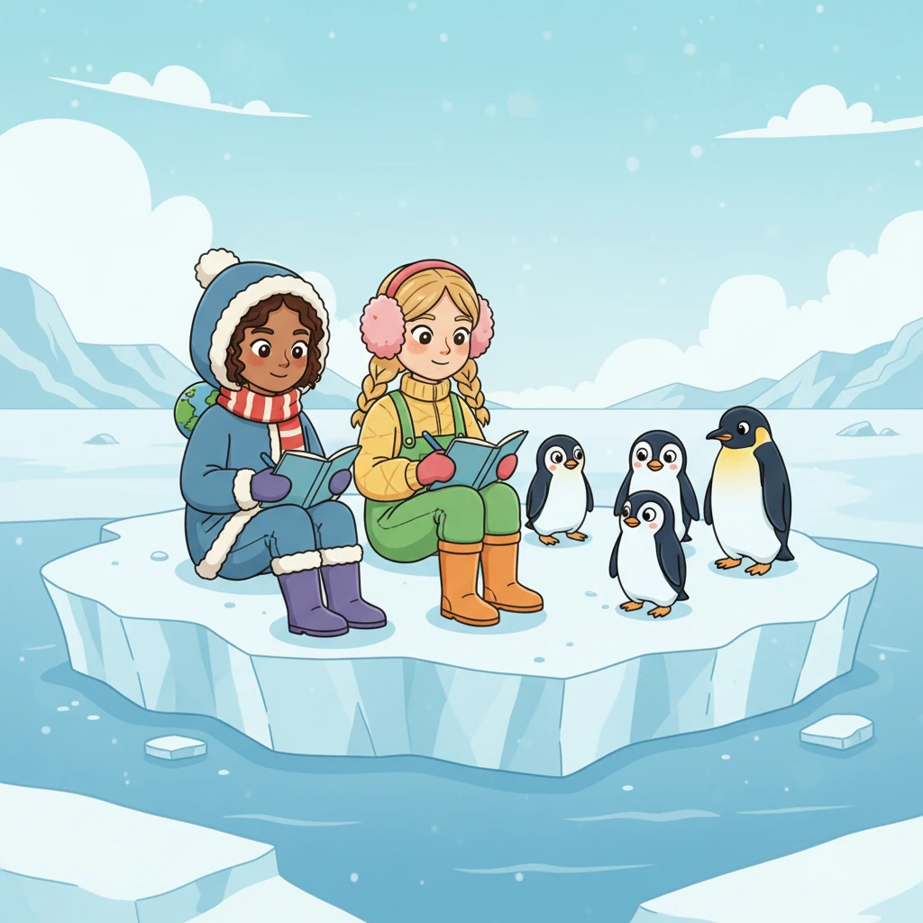 The teachers sat on a big chunk of ice, writing notes in their special notebooks about all the different penguins they had met. They drew pictures of the Adélie, Chinstrap, and Emperor penguins, remembering their unique looks and movements.