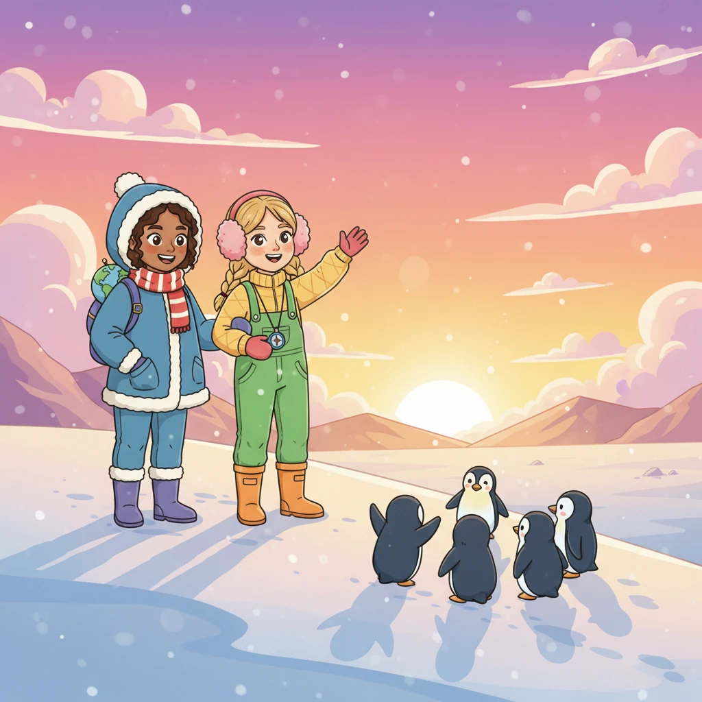 As the sun began to set, casting beautiful colours across the snowy landscape, Miss Lily and Miss Daisy waved goodbye to their new penguin friends. They felt so happy and full of new knowledge, ready to share their amazing South Pole adventure with everyone back home.
