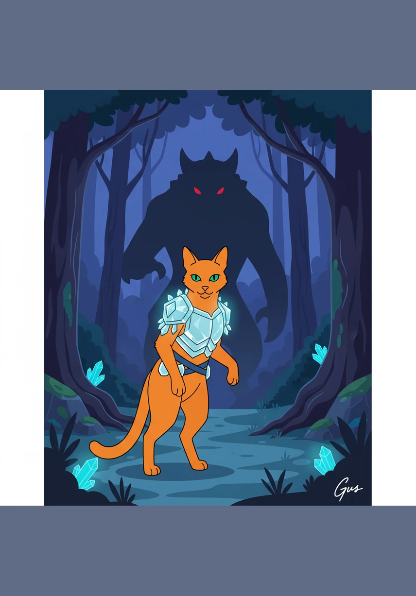 Gus, a vibrant ginger cat with bright emerald eyes, sits on a weathered wooden fence overlooking the dense, mysterious forest. He watches the shadows move between the trees with a mix of curiosity and trepidation, sensing the ancient power dwelling within the woods.