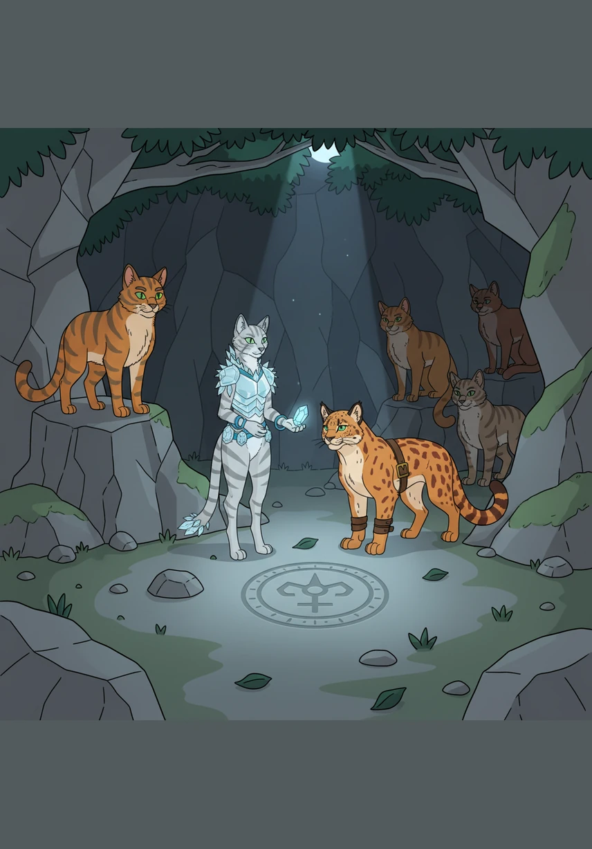 Inside the hidden hollow of the ThunderClan camp, Gus is introduced to the clan members and meets Crystalsoul, a sleek silver-tabby warrior. She looks at the ginger newcomer with a mixture of skepticism and hope, sensing his potential as a future ally.