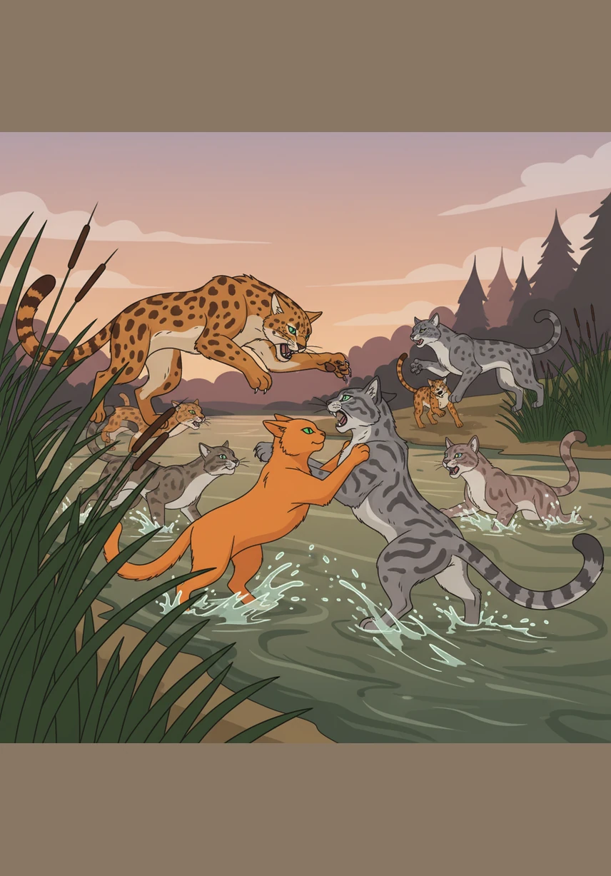A sudden clash erupts at the riverbank as RiverClan warriors leap from the reeds to claim the disputed fishing spots. Gus experiences the chaos of his first true battle, his ginger fur bristling as he helps push the invaders back into the water.